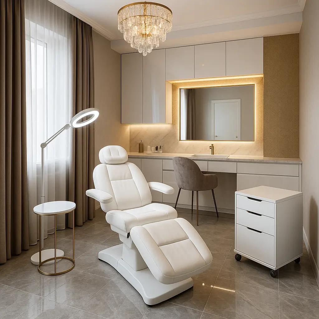 Wnętrze nowoczesnego salonu kosmetycznego – elegancki gabinet z elementami glamour